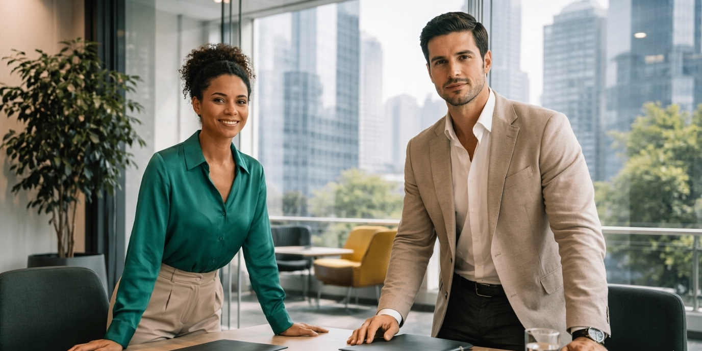 Executivos reunidos em ambiente corporativo moderno, representando seguros para fusões e aquisições (M&A), proteção de transações empresariais, gestão de riscos e segurança jurídica nos negócios.